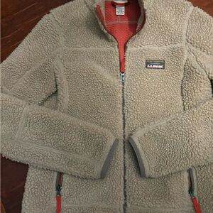 L.L.Bean Tan Sherpa Fleece Jacket with Orange Accents